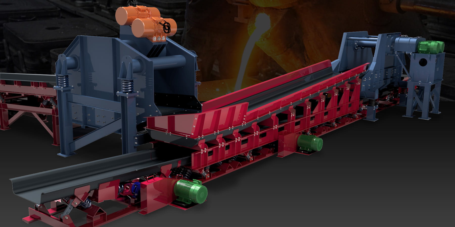 3D model of a long metal conveyor system with blue supports, red rails, green motors, and an orange assembly at the end.