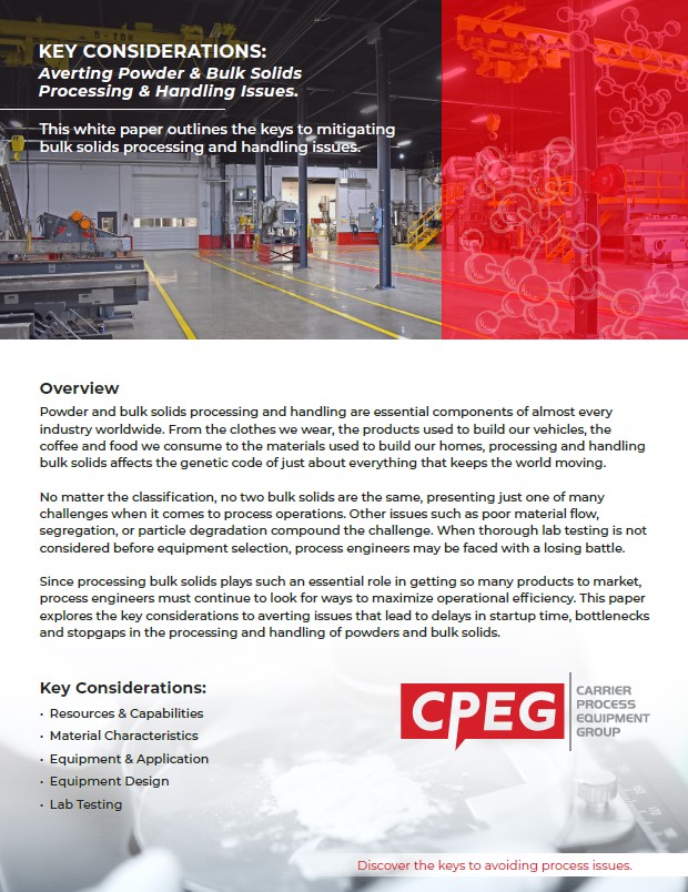 Industrial warehouse hero: bold title 'Key Considerations: Averting Powder & Bulk Solids Processing & Handling Issues' over a factory floor, with a red translucent overlay of molecular graphics on the right and the CPEG logo near the bottom.