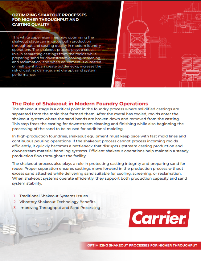 Brochure front cover about optimizing shakeout processes for higher throughput and casting quality, with Carrier logo in the bottom right.