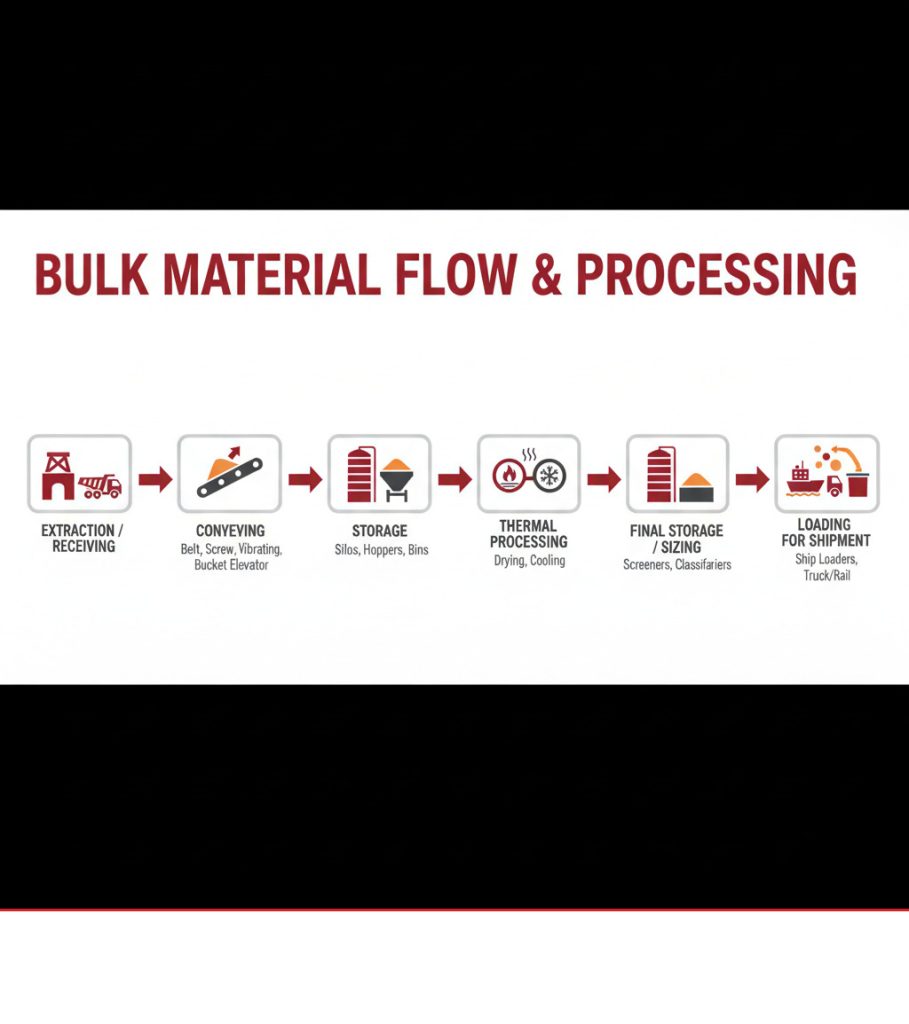 Infographic of bulk material flow: extraction, conveying, storage, thermal processing, final storage, and shipment loading (process diagram).