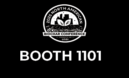 Logo for the 2023 North American Biochar Conference with 'BOOTH 1101' beneath it on a black background.