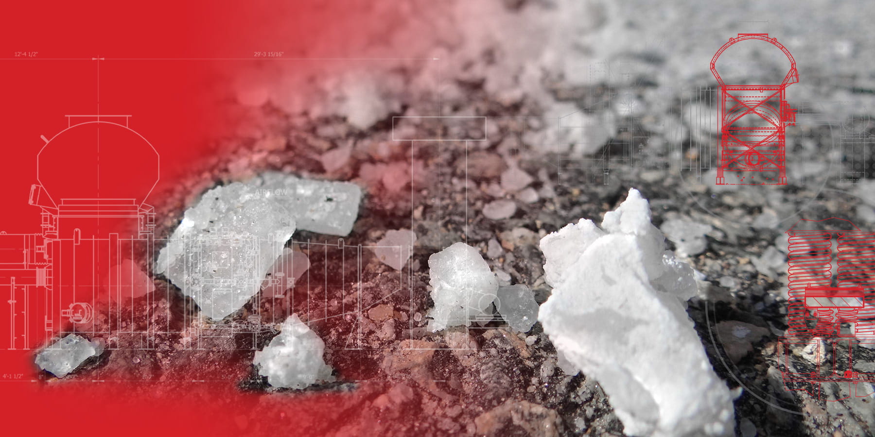 Abstract composite: rocky ground with a red translucent overlay and white blueprint diagrams of industrial equipment superimposed on the scene